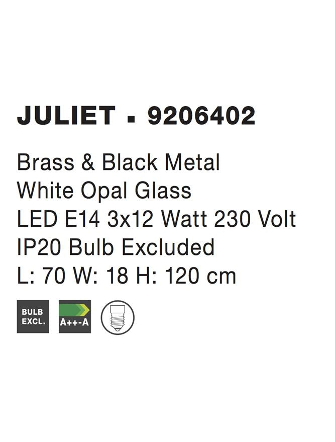 Висящо осветително тяло (пендел) JULIET 3x12W E14 Черен метал месинг бял опалово стъкло L70 W18 H120см Регулируема височина