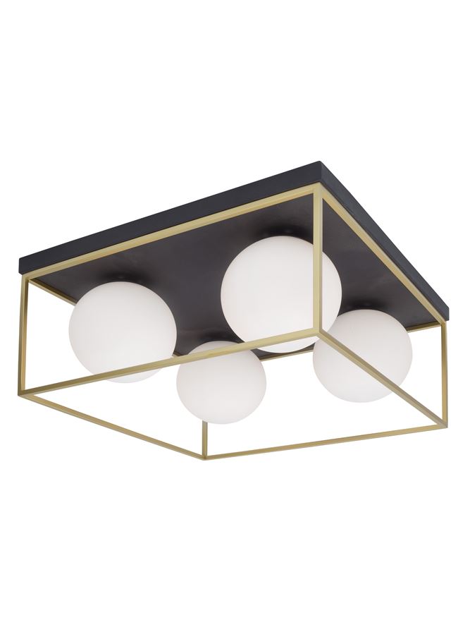Висящо осветително тяло (пендел) JULIET 4x12W E14 Черен метал месинг бял опалово стъкло L45 W45 H20см