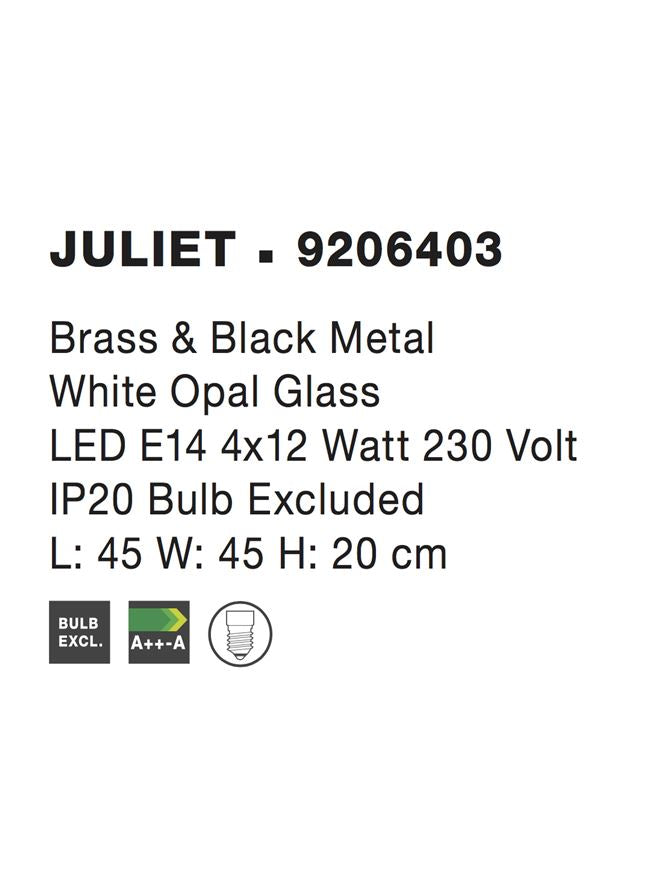 Висящо осветително тяло (пендел) JULIET 4x12W E14 Черен метал месинг бял опалово стъкло L45 W45 H20см