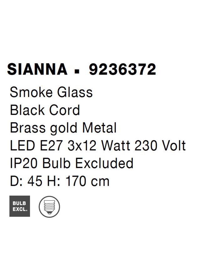 Висящо осветително тяло (пендел) SIANNA 36W (3x12W) E27 Златист месинг Опушено стъкло