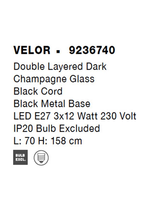 Висящо осветително тяло (пендел) VELOR 36W (3x12W) E27 Матово черен Тъмно шампанско стъкло