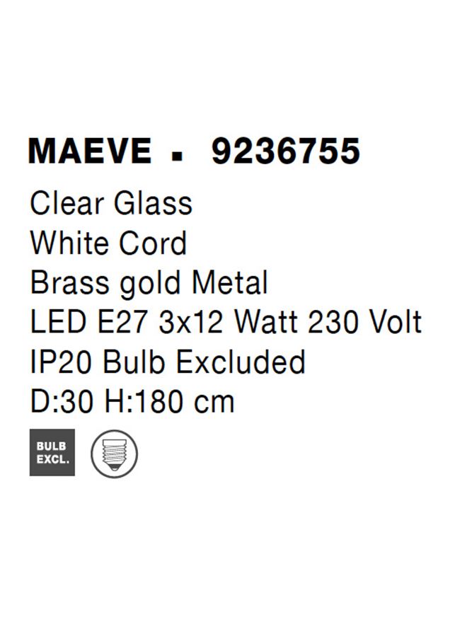 Висящо осветително тяло (пендел) MAEVE LED 36W E27 Златист месинг Прозрачно стъкло Бял шнур Регулируема височина ⌀30 H180см