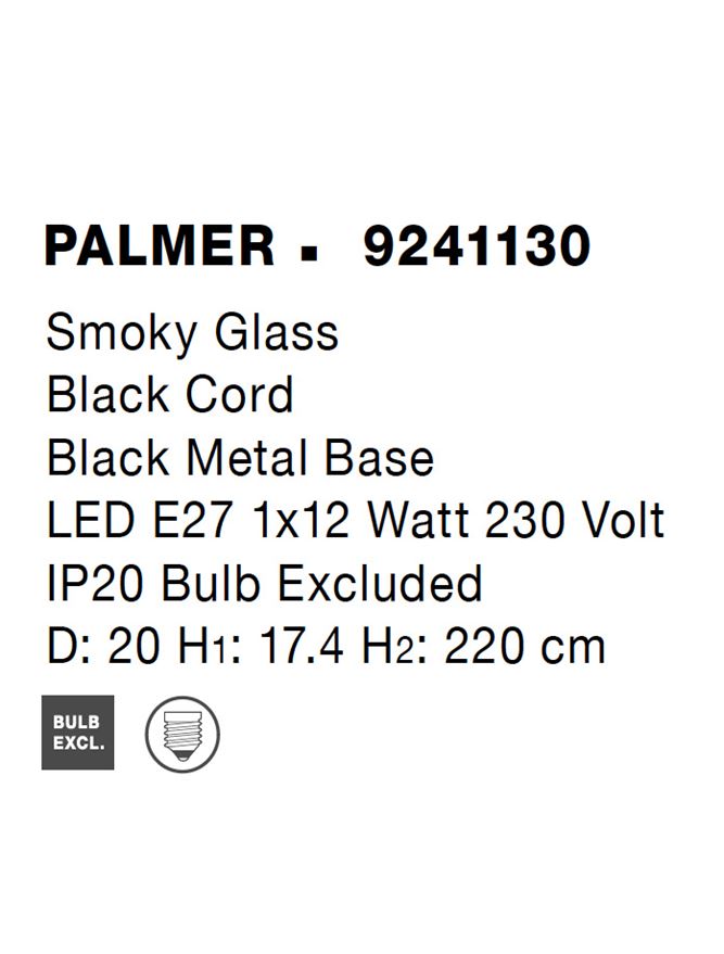 Висящо осветително тяло (пендел) PALMER 12W E27 Черен Опушено стъкло