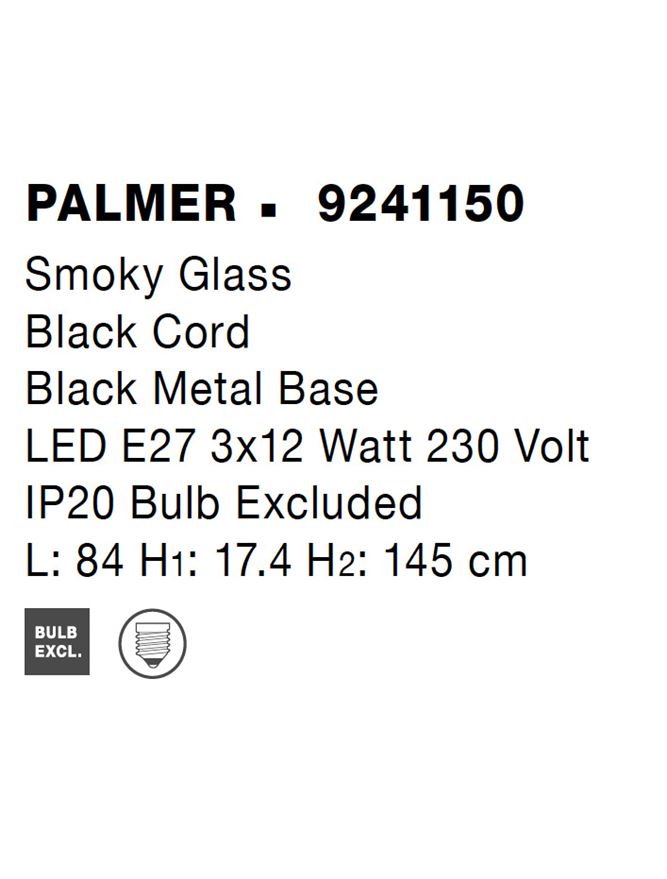 Висящо осветително тяло (пендел) PALMER 36W (3x12W) E27 Черен Опушено стъкло