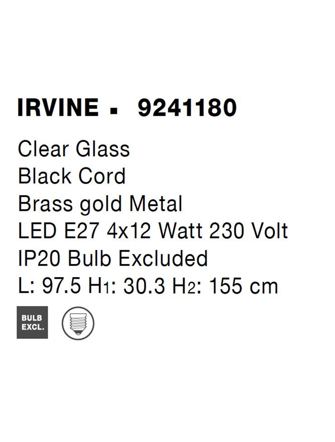 Висящо осветително тяло (пендел) IRVINE LED 48W E27 Златист месинг Прозрачно стъкло Черен шнур Регулируема височина