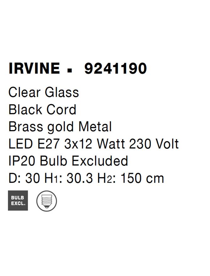 Висящо осветително тяло (пендел) IRVINE LED 36W E27 Златист месинг Прозрачно стъкло Черен шнур Регулируема височина
