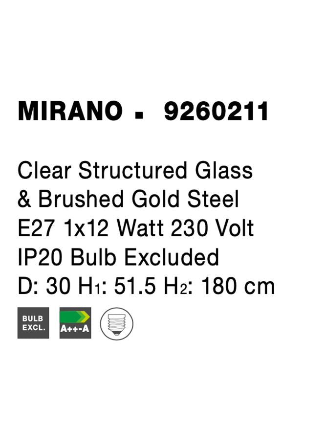 Висящо осветително тяло (пендел) MIRANO LED 12W E27 Златист месинг Прозрачно структурирано стъкло Регулируема височина ⌀30 H180см