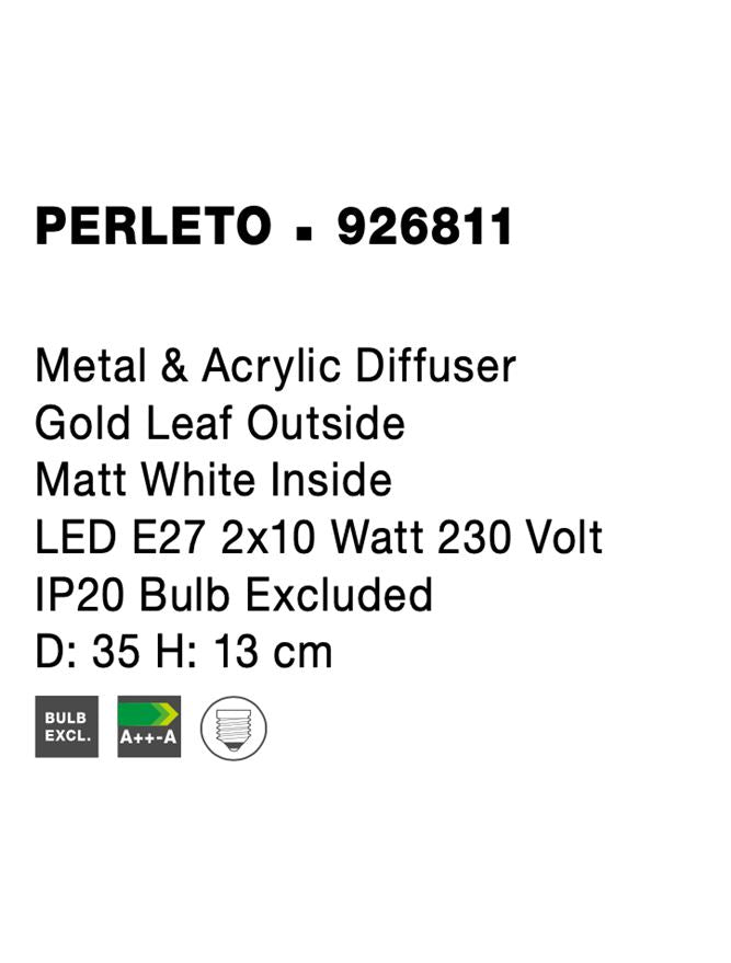 Висящо осветително тяло (пендел) PERLETO 2x12W Златен лист и матово бял без крушка