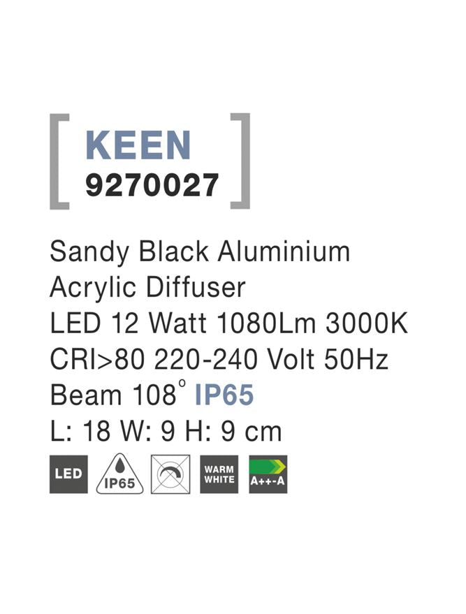 Градинска лампа KEEN 12W Тъмен антрацит алуминий с акрилен дифузер IP65 3000K L18см
