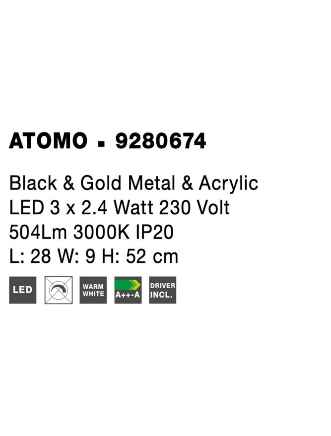 Висящо осветително тяло (пендел) ATOMO 9W Черен и Златист месинг & Акрил