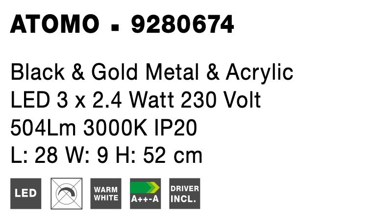 Висящо осветително тяло (пендел) ATOMO 9W Черен и Златист месинг & Акрил