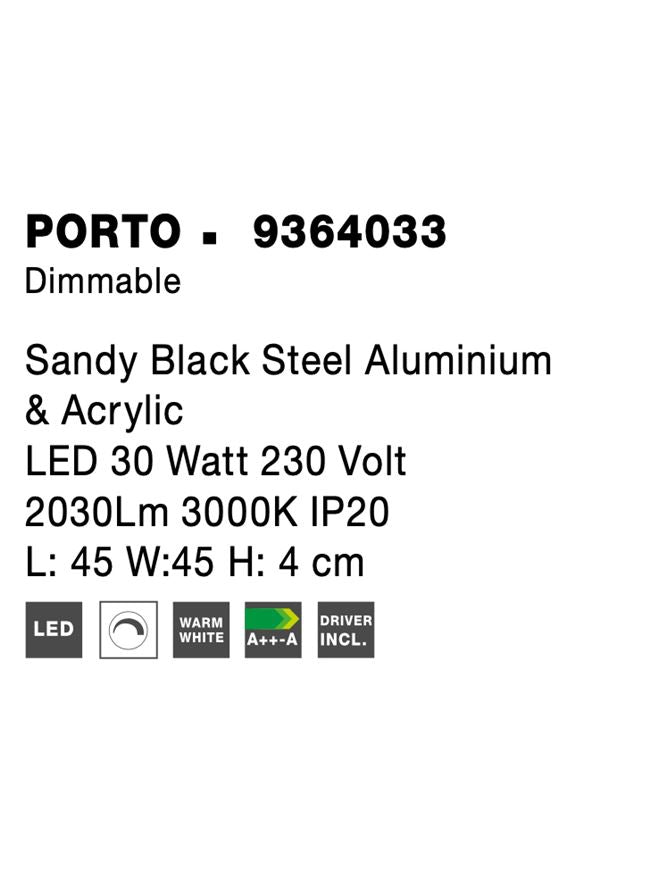 Висящо осветително тяло (пендел) PORTO 30W LED Пясъчно черен стомана, алуминий и акрил L45 W45 H4см Триак димируем
