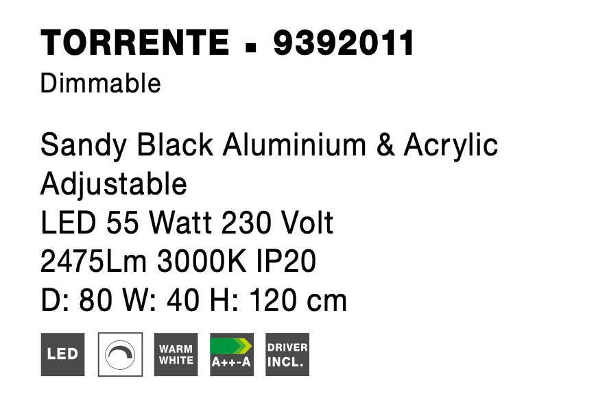 Окачена лампа TORRENTE 55W Пясъчно черна Алуминий и Акрил LED Triac Димируема Регулируема височина Въртяща се