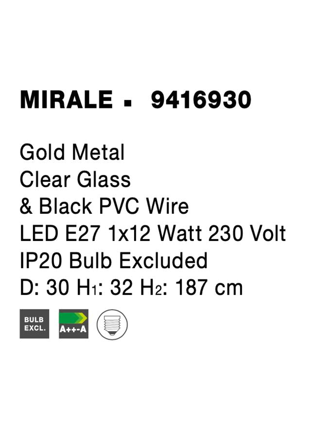 Висящо осветително тяло (пендел) MIRALE 12W E27 Златист месинг Прозрачно стъкло Черен PVC кабел Регулируема височина