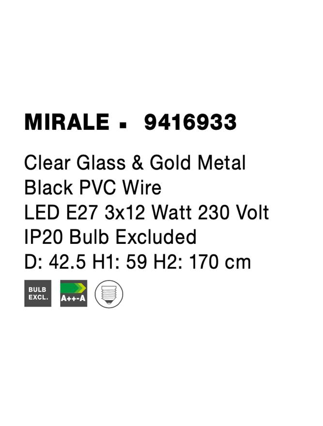 Висящо осветително тяло (пендел) MIRALE 36W E27 Златист месинг Прозрачно стъкло Черен PVC кабел Регулируема височина