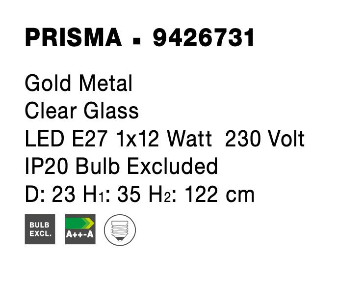 Висящо осветително тяло (пендел) PRISMA 12W E27 Златен Прозрачно стъкло ⌀23 H120см Регулируема височина