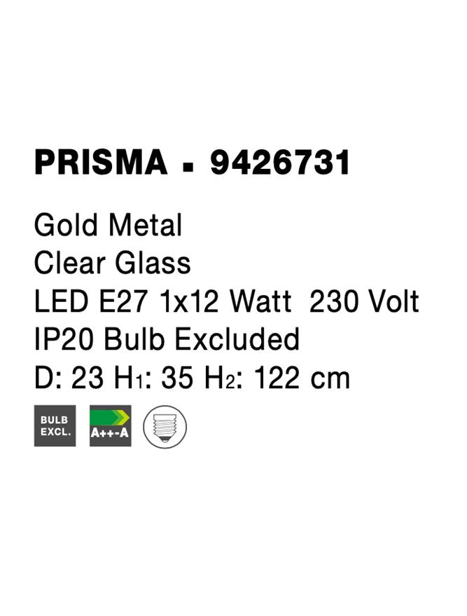 Висящо осветително тяло (пендел) PRISMA 12W E27 Златен Прозрачно стъкло ⌀23 H120см Регулируема височина