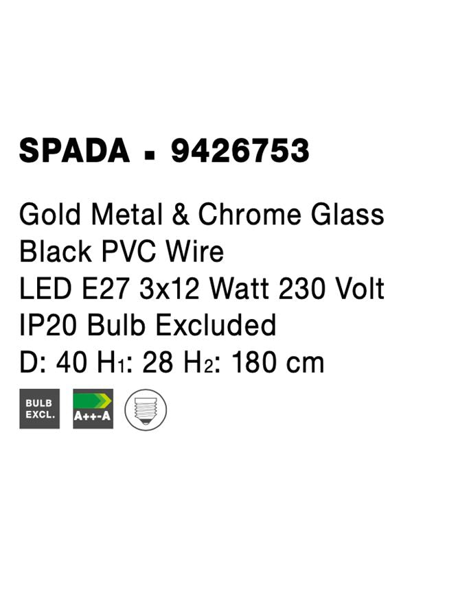 Висящо осветително тяло (пендел) SPADA 36W LED E27 Златист месинг, опушено стъкло ⌀40