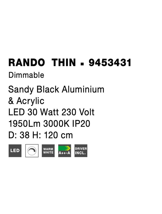 Висящо осветително тяло (пендел) RANDO THIN 30W Пясъчно черен алуминий и акрил Димируем ⌀38 H120см