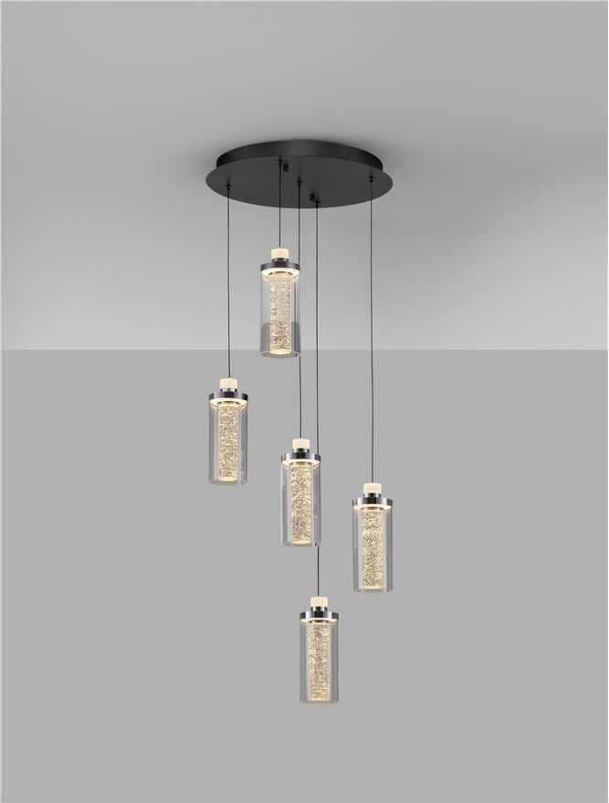 Висящо осветително тяло (пендел) LUNE LED 38W Хром стомана и алуминий прозрачно стъкло Пясъчно черен IP20 ⌀38 H190см