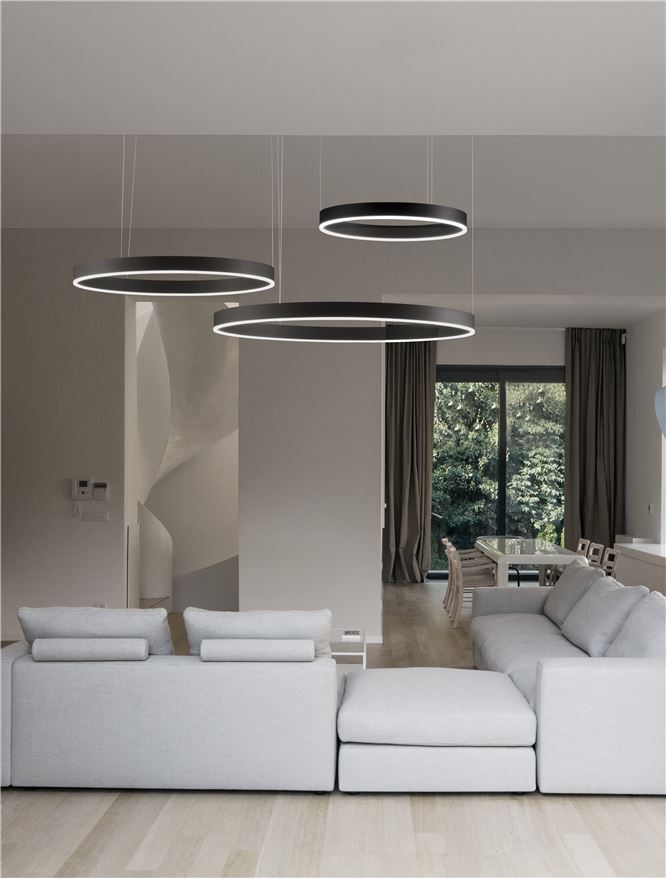 Висящо осветително тяло (пендел) MOTIF LED 140W 230V Триак димируем Пясъчно черен алуминий и акрил Регулируема височина D60-100 H250см
