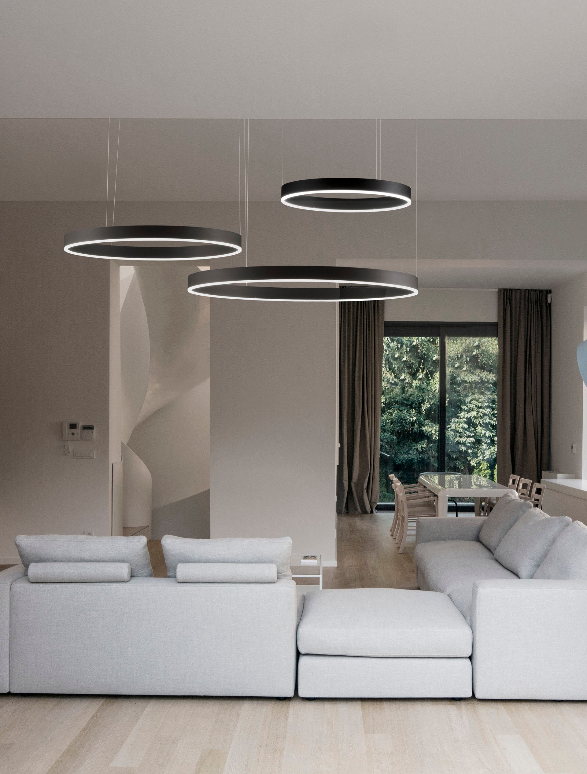 Висящо осветително тяло (пендел) MOTIF LED 140W 230V Триак димируем Пясъчно черен алуминий и акрил Регулируема височина D60-100 H250см