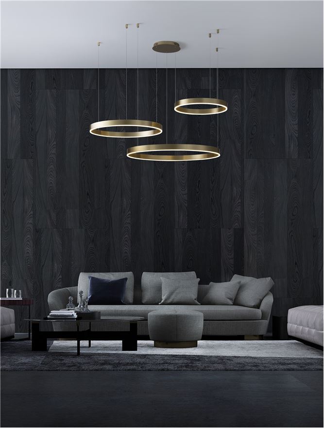 Висящо осветително тяло (пендел) MOTIF LED 140W 230V Триак димируем Златист месинг алуминий и акрил Регулируема височина D60-100 H250см