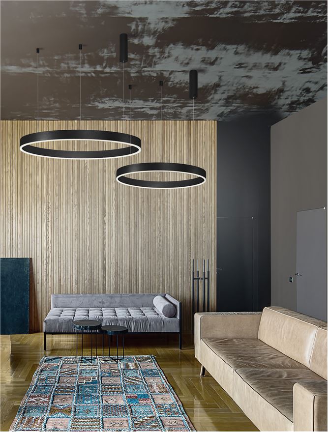 Висящо осветително тяло (пендел) MOTIF LED 40W 230V Променлив CCT Пясъчно черен алуминий и акрил Регулируема височина ⌀60 H200см