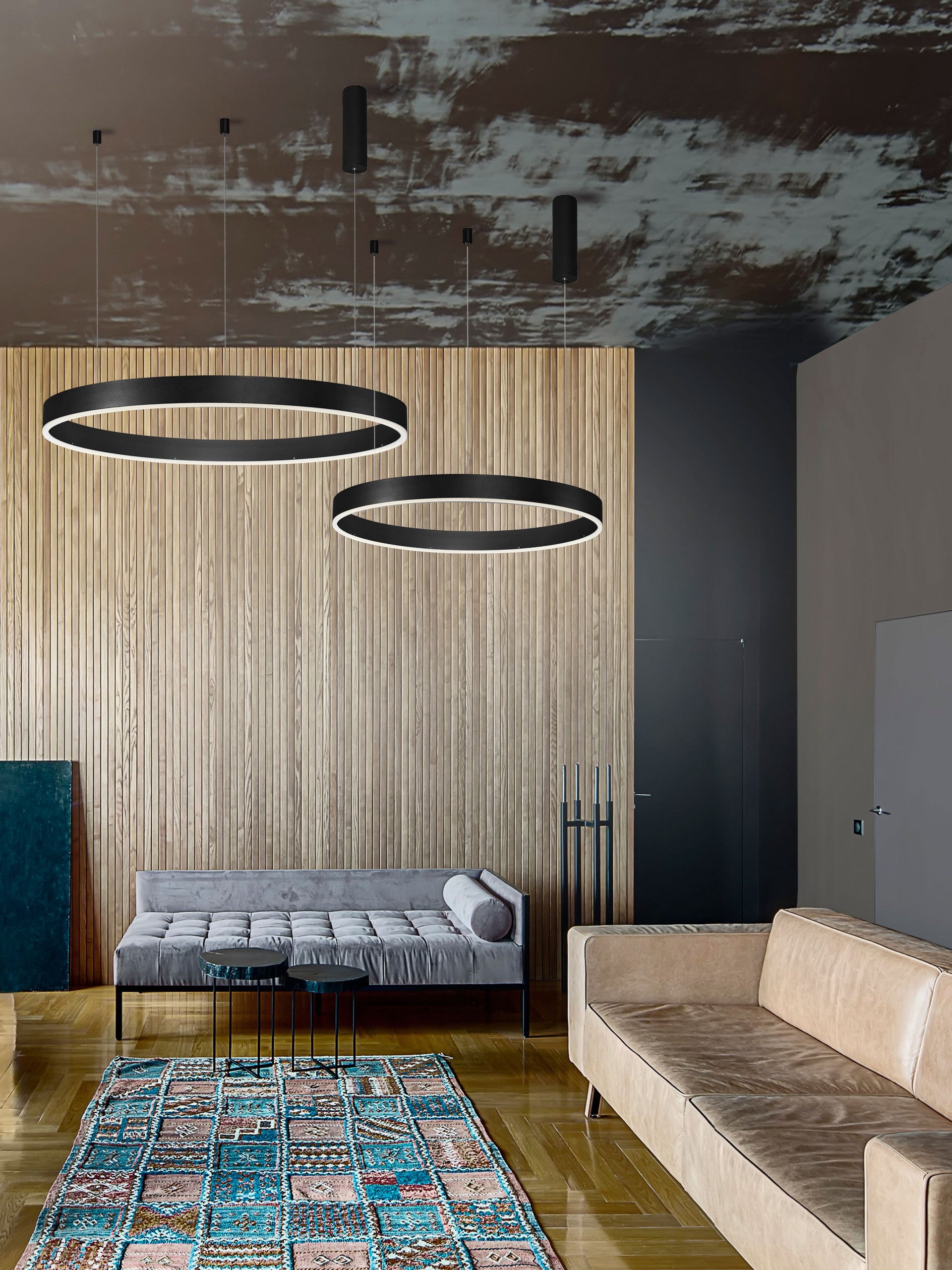 Висяща лампа MOTIF LED 40W 230V Променлива CCT Пясъчно черен алуминий и акрил Регулируема височина ⌀60 H200см