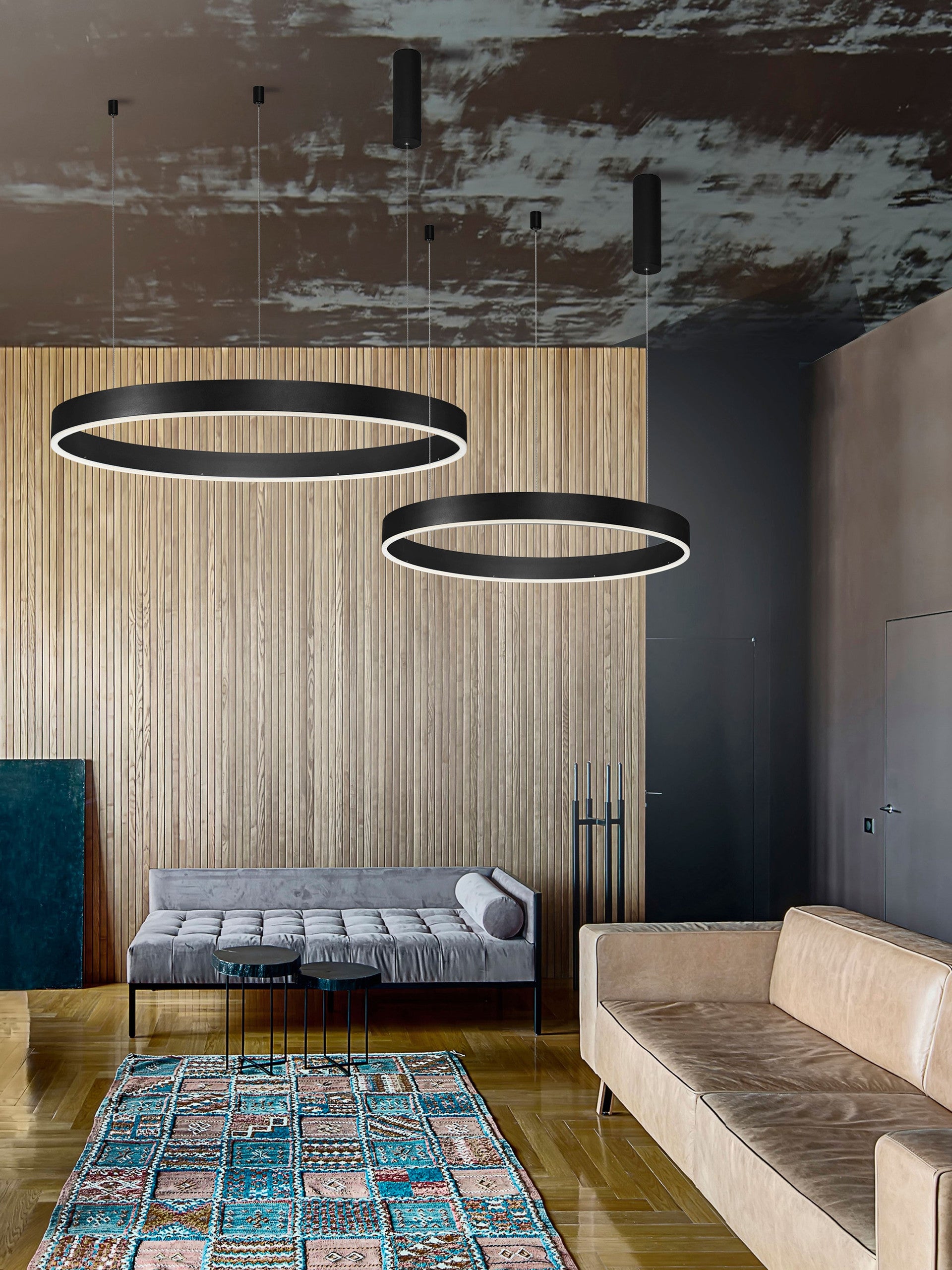 Висяща лампа MOTIF LED 60W 230V Променлива CCT Пясъчно черен алуминий и акрил Регулируема височина ⌀100 H200см