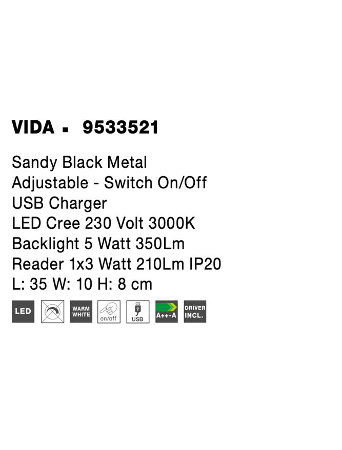 Висящо осветително тяло (пендел) VIDA 5W Пясъчно черен метал с USB и регулируем