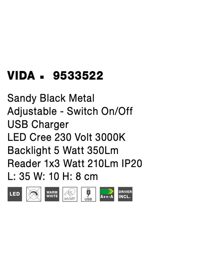 Висящо осветително тяло (пендел) VIDA 5W Пясъчно черен метал с USB и регулируем