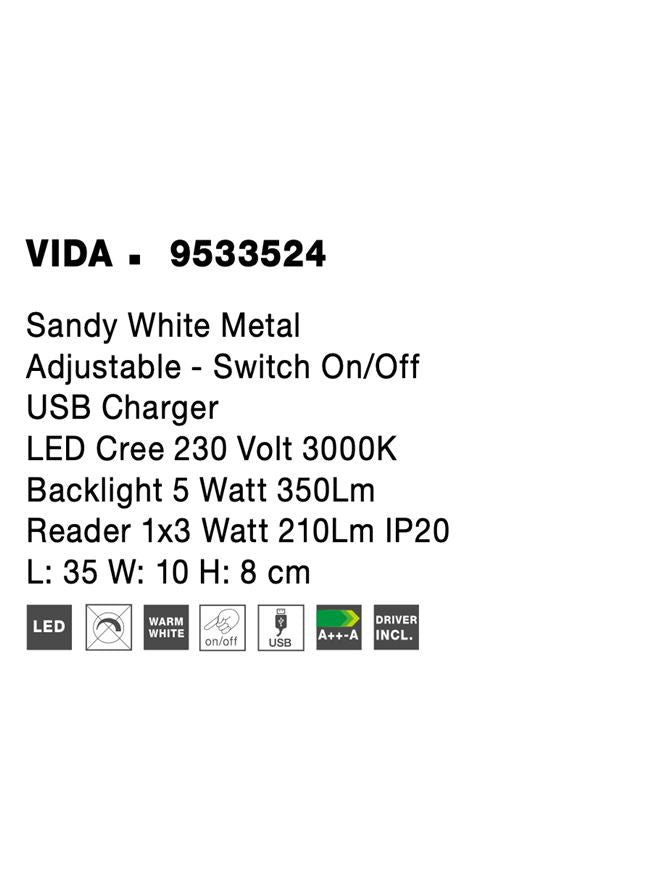 Висящо осветително тяло (пендел) VIDA 5W Пясъчно бял метал с USB и регулируем