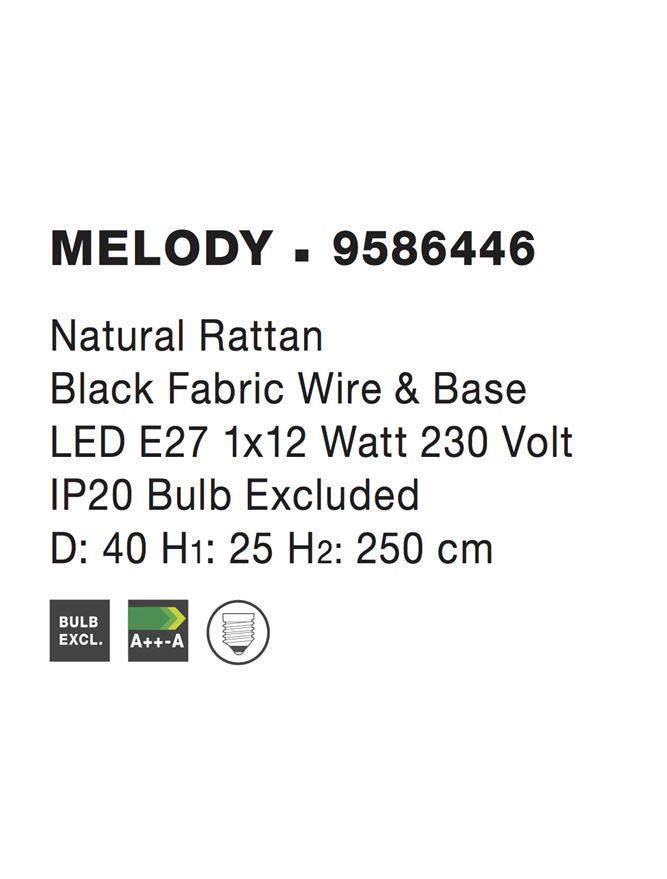 Висящо осветително тяло (пендел) MELODY 12W LED Натурален ратан Черен текстилен кабел