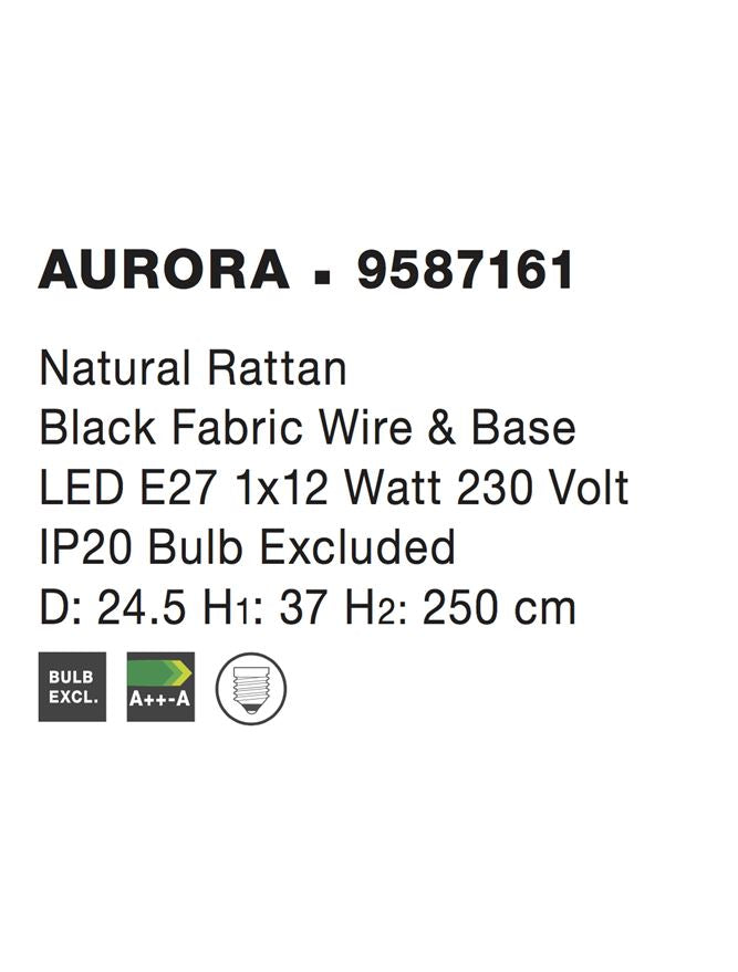 Висящо осветително тяло (пендел) AURORA 12W LED Натурален ратан Черен текстилен кабел