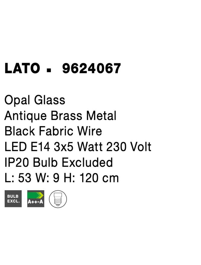 Висящо осветително тяло (пендел) LATO 15W E14 Златен Опалово стъкло Черен текстилен кабел L53 W9 H120см Регулируема височина