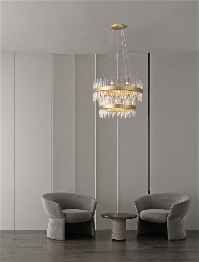 Висящо осветително тяло (пендел) CROWN G9 32x5W LED Златист метал и прозрачен кристал ⌀75 H180см без крушка