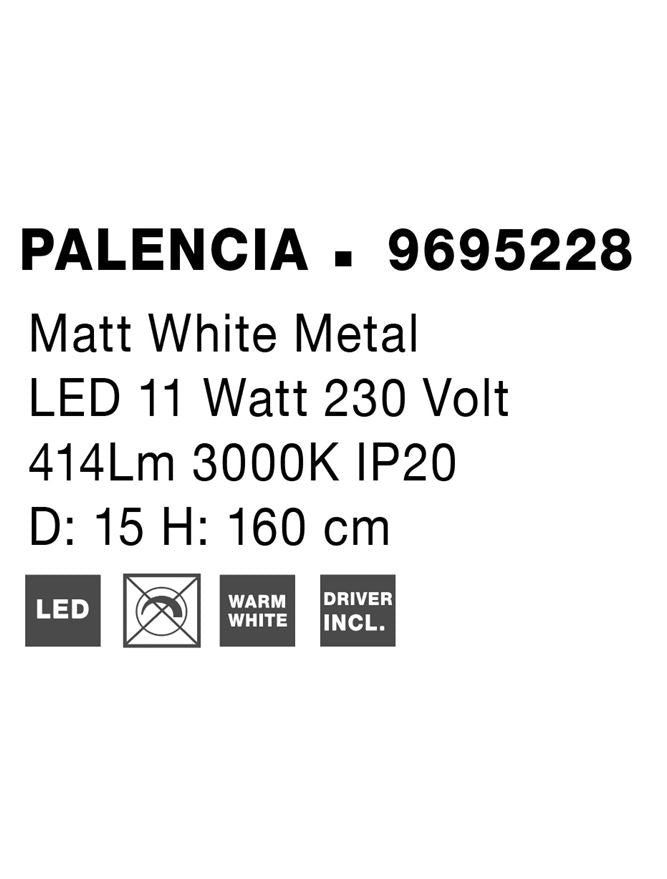 Висящо осветително тяло (пендел) PALENCIA LED 10W 230V Матово бял метал Регулируема височина ⌀15 H160см