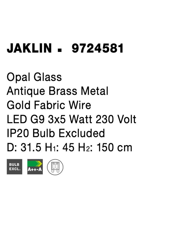 Висящо осветително тяло (пендел) JAKLIN 3x5W G9 Античен месинг метал златен текстилен кабел опалово стъкло ⌀31.5 H45/150см Регулируема височина