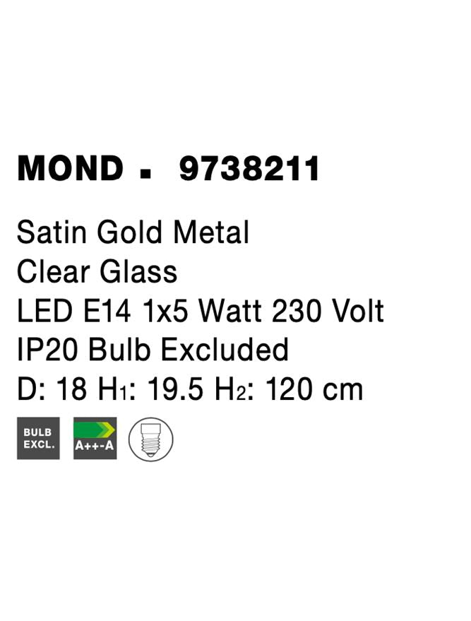 Висящо осветително тяло (пендел) MOND 5W E14 Златен Прозрачно стъкло ⌀18 H120см Регулируема височина