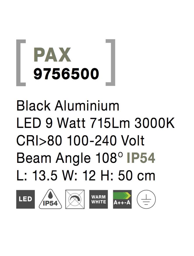 Външен аплик PAX LED 9W Тъмен антрацит алуминий L13.5 W12 H50см IP54