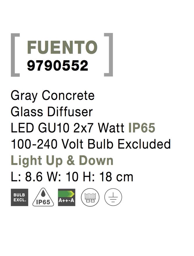 Външен аплик FUENTO 2x10W GU10 Сив бетон стъкло IP65 L8.6 W10 H18см