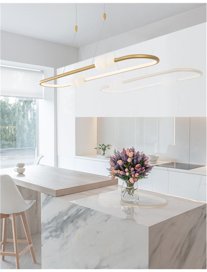 Висящо осветително тяло (пендел) CELIA 45W LED Сатен злато алуминий и опалово стъкло L100 W29 H120см Регулируема височина