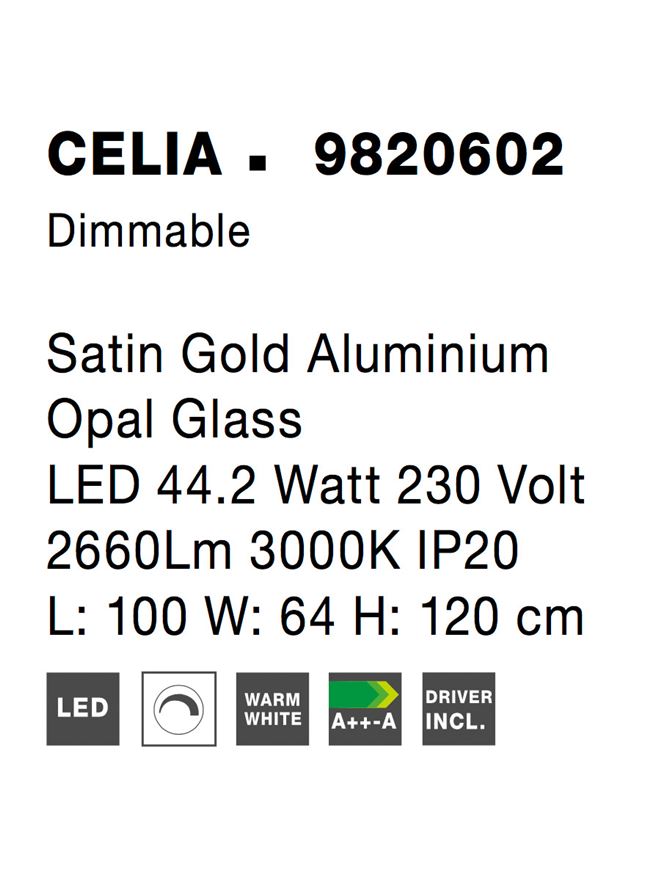 Висящо осветително тяло (пендел) CELIA 45W LED Сатен злато алуминий и опалово стъкло L100 W29 H120см Регулируема височина