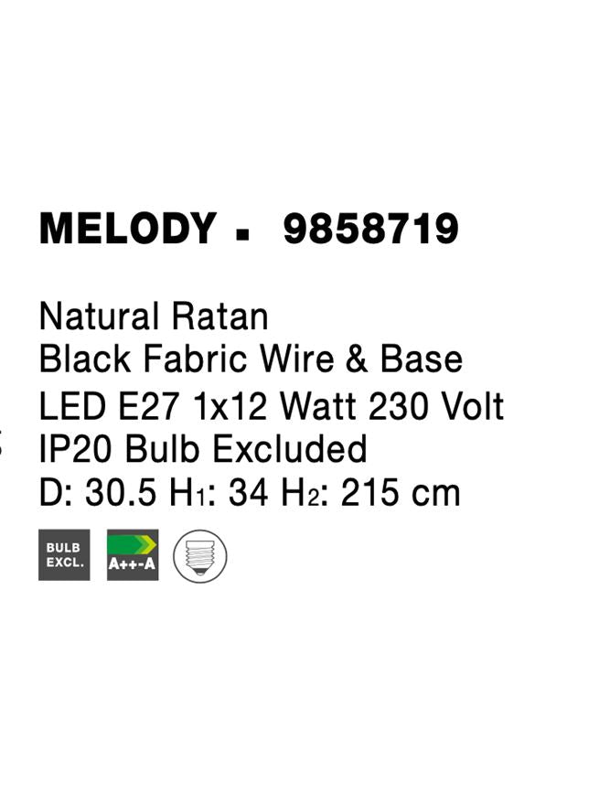 Висящо осветително тяло (пендел) MELODY 12W LED Натурален ратан Черен текстилен кабел