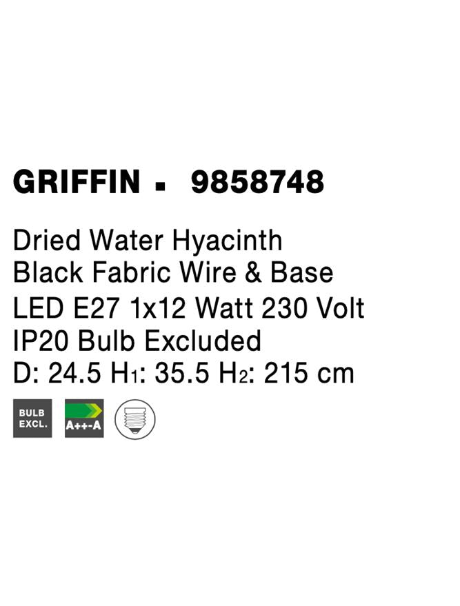Висящо осветително тяло (пендел) GRIFFIN 12W LED Сушен воден хиацинт Черен текстилен кабел