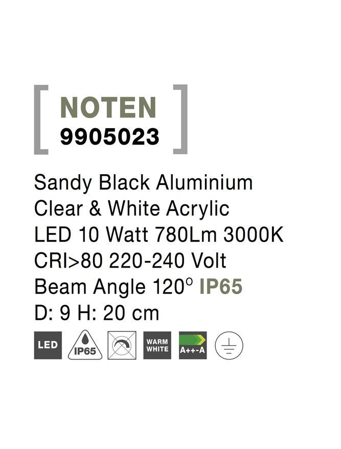 Външен аплик NOTEN LED 8W Пясъчно черен алуминий с прозрачен и бял акрил ⌀9 H20см IP65
