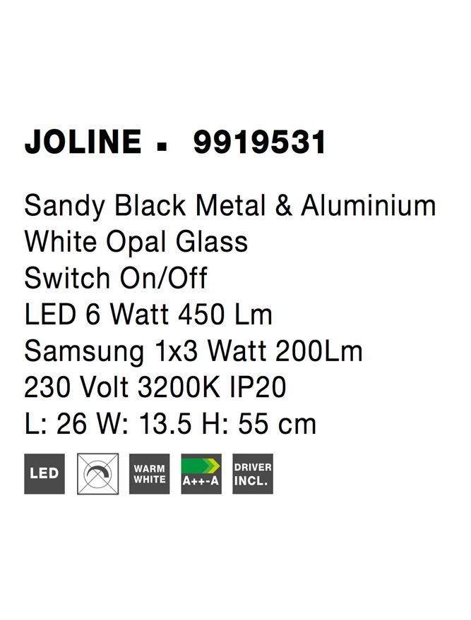 Висящо осветително тяло (пендел) JOLINE 6W 650Lm Пясъчно черен метал алуминий опалово стъкло