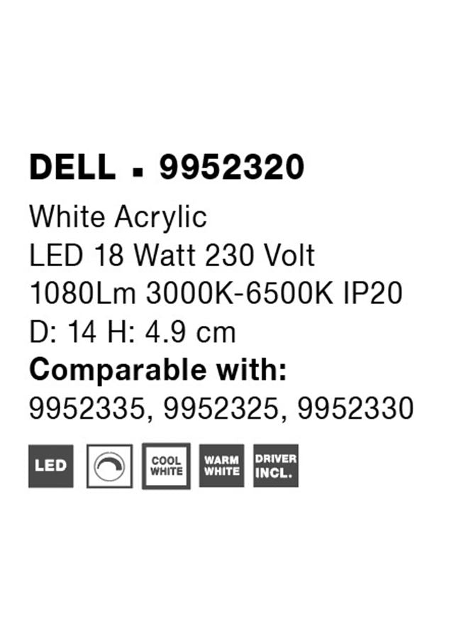 Висящо осветително тяло (пендел) DELL 18W LED Бял акрил, 3000K-6500K, Ø14 H5см