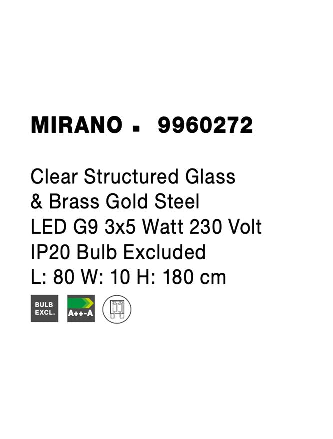 Висящо осветително тяло (пендел) MIRANO LED 15W G9 Златист месинг Прозрачно структурирано стъкло L80 W10 H180см